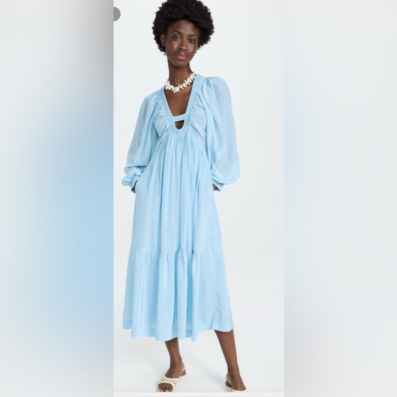 SeaNyla Twill Puff Sleeve V Neck Dress